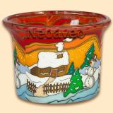Leuchtglas Teelicht Glas mit Motiv Landhaus im Schnee. Am Abend intensiv leuchtendes Kerzenglas von Kerzenfarm Hahn.