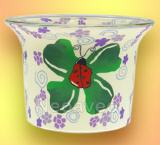 Leucht-Teelichglas Marienk�fer- Happy Beetle- Schlichtes Motiv f�r die warme Jahreszeit mit Kleeblatt, sitzendem Marienk�fer und violetten Bl�ten.