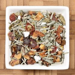 Kr&auml;uterteemischung Moringa Zitrone mit Bl&auml;ttern geschnitten, Zitronengras, Apfelst&uuml;cken, Hagebuttenschalen und Orangenschalen.