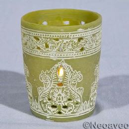 Oriental Windlicht-Teelichtglas gr&uuml;n mt wei&szlig; abgesetztem Motiv, f&uuml;r Teelicht oder Votivkerze.