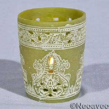 Oriental Windlicht-Teelichtglas grün mt weiß abgesetztem Motiv, für Teelicht oder Votivkerze.