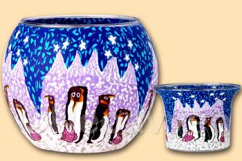 Leuchtglas 11 cm und Teelichtglas 6cm,  Pinguine am S�dpol, von Kerzenfarm Hahn