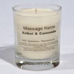 Massagkerze Salbei undwilde Kamille mit leicht krautig blumigem Duft, aus natürlichem Pflanzenwachs hergestellt