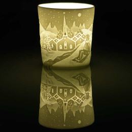 Schlittenfahrt Lithophanie Windlicht Votiv Becher aus Porzellan, Starlights Windlichter, Kerzenfarm Hahn