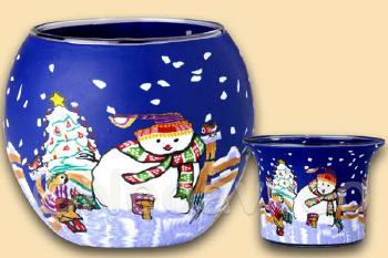 Leuchtglas und Teelichtglas Schneemann, Kerzenfarm Hahn