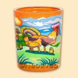 Stolzer Hahn Leucht-Votivglas mit l�ndlcicher Stimmung , Hahn mit Henne und K�cken auf de Wise. Dazu im Hintergrund eine Windm�hle und blauer Himmel . Windlicht von Kerzenfarm Hahn.