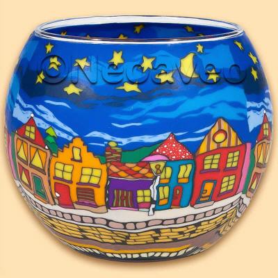 Leuchtglas Strasse bei Nacht 11 cm, Street by Night im Original, mit beleuchteten H�usern, Nachthimmel und Strasse mit Kopfsteinpflaster, Kerzengl�ser von Kerzenfarm Hahn