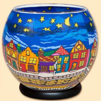 XXL Leuchtglas Lampe, Strasse bei Nacht, 30cm, von Kernzenfarm Hahn. Bunt leuchtende H�user in der Nacht.