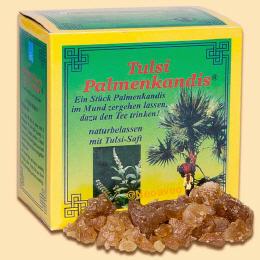 Tulsi Palmenkandis, angereichert mit leichter Schärfe des indischen Basiliukm. Ein Stück Palmenkandis in den Mund nehmen und den Tee dazu trinken.