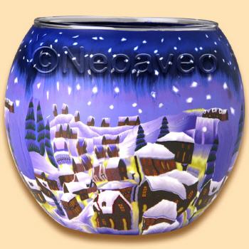 Leuchtglas 11 cm, Verschneite Stadt bei Nacht, Sterne am Himmel, veschneite H�user, Schneebedeckte D�cher, Kerzenfarm Hahn