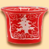 Leucht-Teelichtglas Weihnachtsbaum im Schnee mit wei�em Tannenbaum, Ligusterbl�ttern auf rotem Untergrund als Wintermotiv. Feingearbeitetes M�tiv.