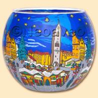 Leuchtglas Weihnachtsmarkt 11 cm, buntes Markttreiben, Marktst&auml;nde, Sterne am Himmel, zu Weihnachten ein bunt leuchtendes Geschenk von Kerzenfarm Hahn