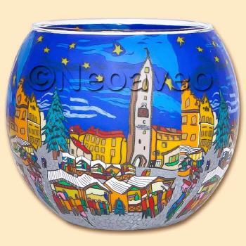 Leuchtglas Weihnachtsmarkt 11 cm, buntes Markttreiben, Marktst�nde, Sterne am Himmel, zu Weihnachten ein bunt leuchtendes Geschenk von Kerzenfarm Hahn