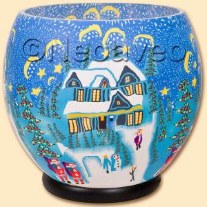 XXL Leuchtglas Lampe, Winter-Motiv, elektrisch, Tischlampe, Kerzenfarm Hahn