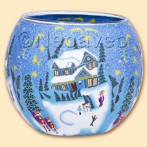 Leuchtglas Winter, 11 cm, Schneefall, Tannen, spielende Kinder, schneebedeckte D�cher, Kerzenfarm Hahn