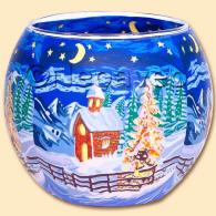 Leuchtglas Winternacht 11 cm, Sterne am Himmel, Halbmond, kleine Kirche, leuchtender Tannenbaum, Kerzenfarm Hahn