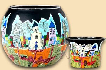 Wochenende Leuchtglas und Teelichtglas von Kerzenfarm Hahn, Motiv nach Hundertwasser. F�rr Maxi Teelicht ode r Votikerze im Glas.