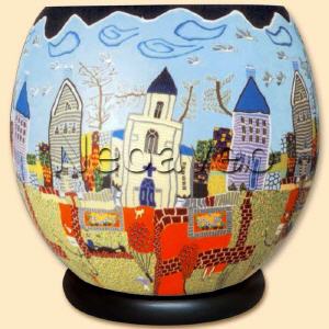 Leuchtglas-Lampe XXL, Motiv Wochenende, nach Hundertmark, elektrische Tischleuchte, 30 cm x 30 cm, kerzenfarm Hahn